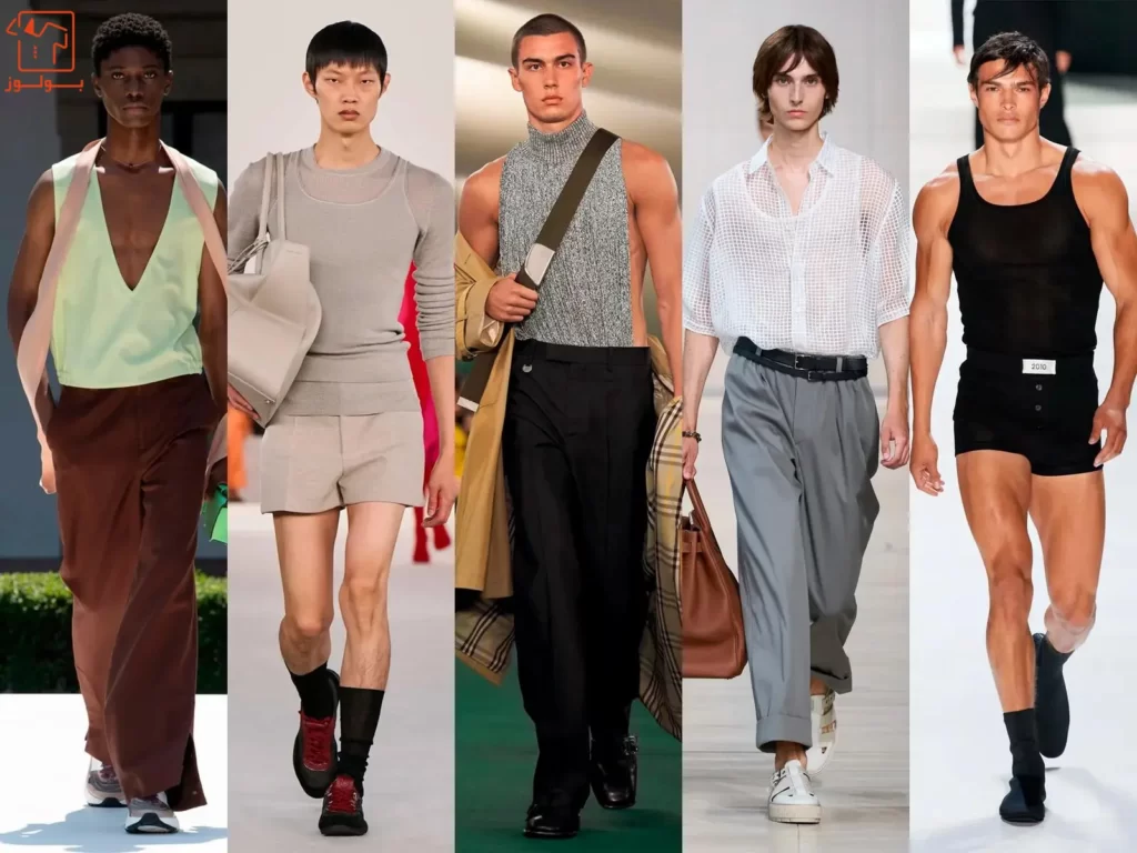 در تصویر چند مرد خوش تیپ، بر اساس ترند لباس مردانه 2024، استایل کرده‌اند. این لباس مردانه که مد سال 1403 است، شامل لباس با مدل آستین حلقه‌ای و جلیقه و تاپ می‌شود. ترند لباس مردانه 2024 را باید با ترد رنگ سال 2024 ادغام کرد.