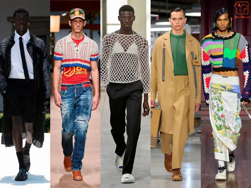 در تصویر چند مرد خوش تیپ، بر اساس ترند لباس مردانه 2024، استایل کرده‌اند. لباس‌های بافتنی و قلاب‌بافی شده مد سال 1403 هستند که ترند لباس مردانه 2024 را با سال‌های قبل متفاوت کرده‌اند.
