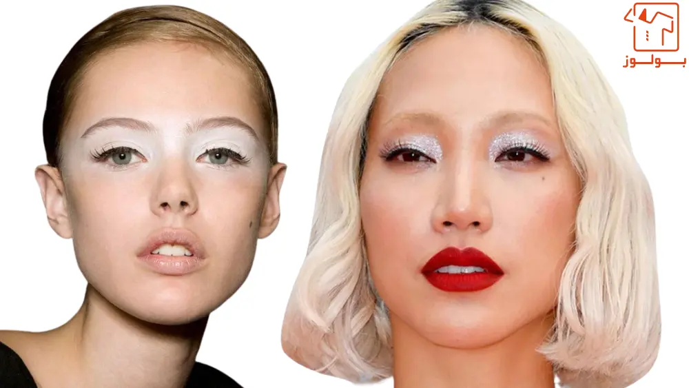 دو زن بر پایه‌ی ترند میکاپ 2024 آرایش کرده اند. آنها از ترند میکاپ چشم و خط چشم و سایه‌ی چشم سفید و نقره‌ای که گلیتر دارند استفاده کرده‌اند.